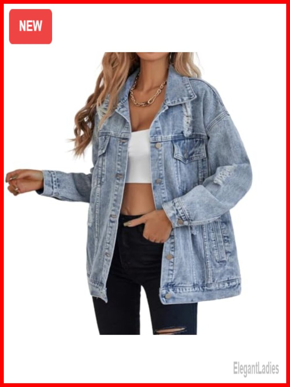 Oversized Distressed Denim Jacket Women Long Sleeve Button Front Trucker